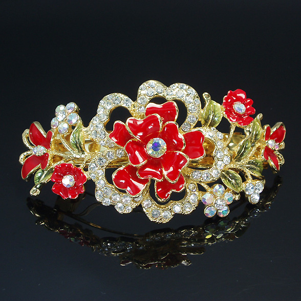 CJ43 WHITE CRYSTAL RED FLOWER BRIDAL HAIR BARRETTE CLIP